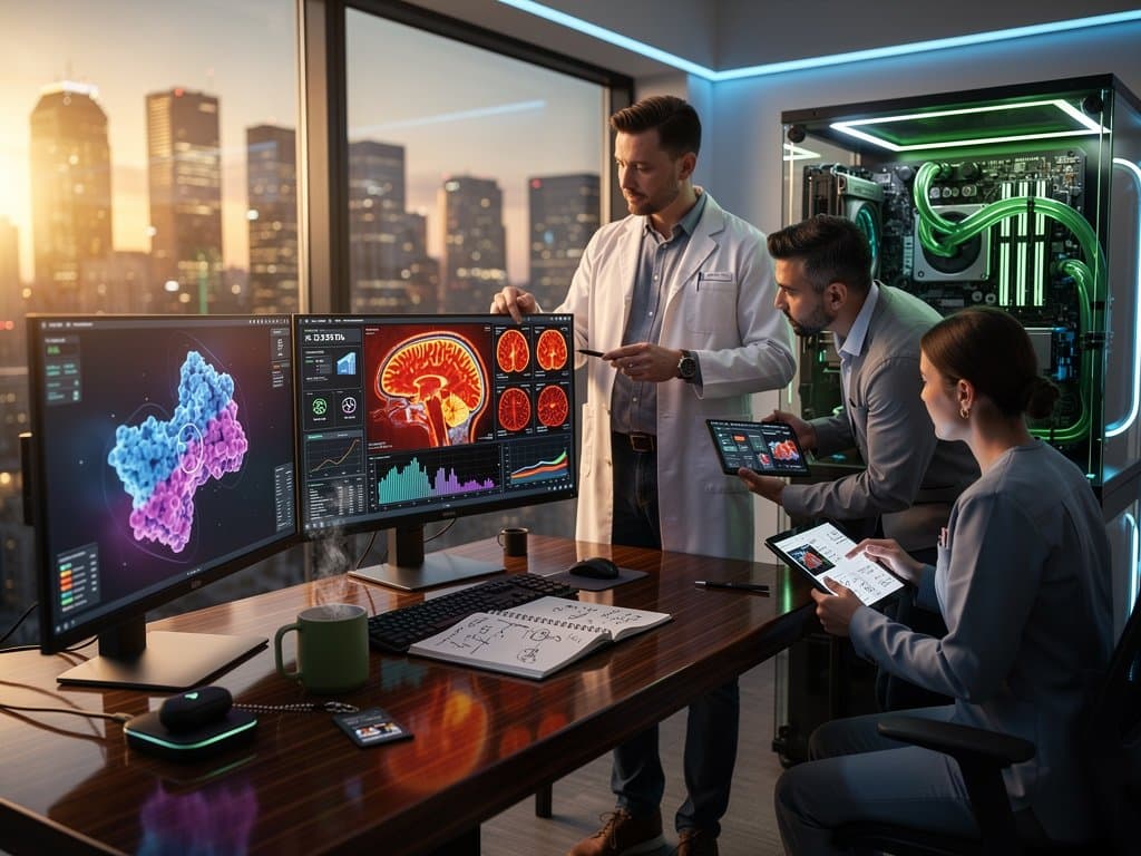 Modern AI lab with monitors showing protein models, medical scans, and GPU racks