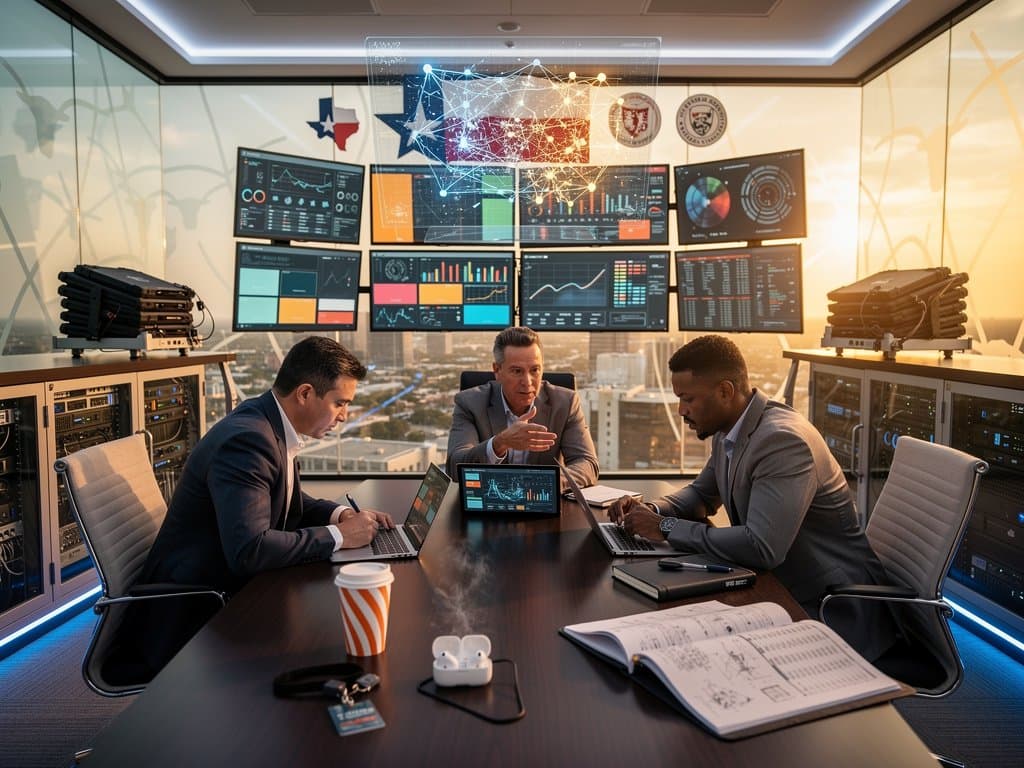 Intel Core Ultra and AMD Ryzen AI laptops display 48-50 TOPS NPU benchmarks in Texas gov IT office with specs table and compliance charts