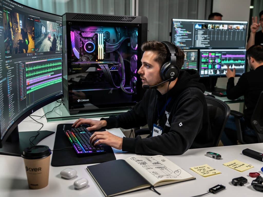 PC workstation with Kdenlive on dual monitors, high-end tower, and editing timelines in modern studio setup