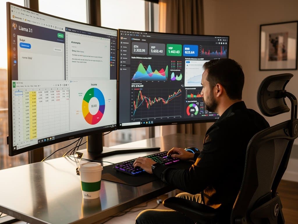 PC workstation with AI prompts for finance, crypto charts, and local model interfaces on multi-monitors