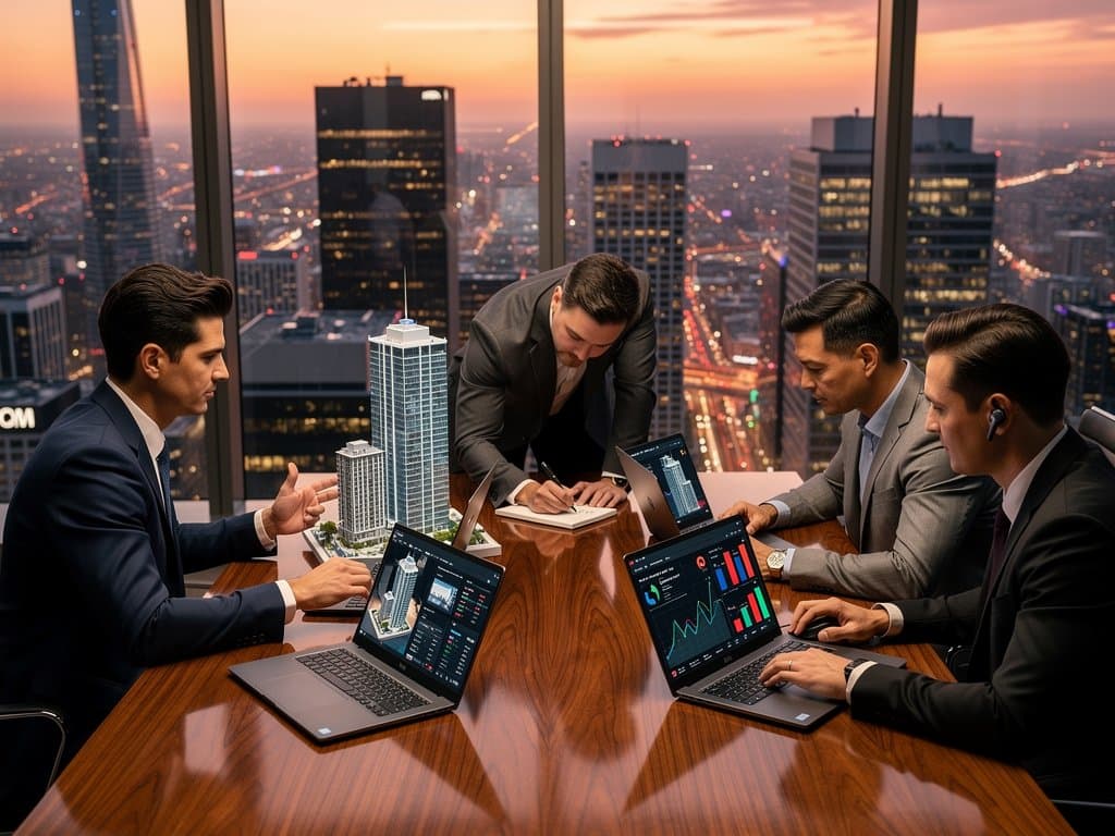 Executives in modern boardroom review AI property models on high-end laptops beside Bloomberg terminal and city skyline view