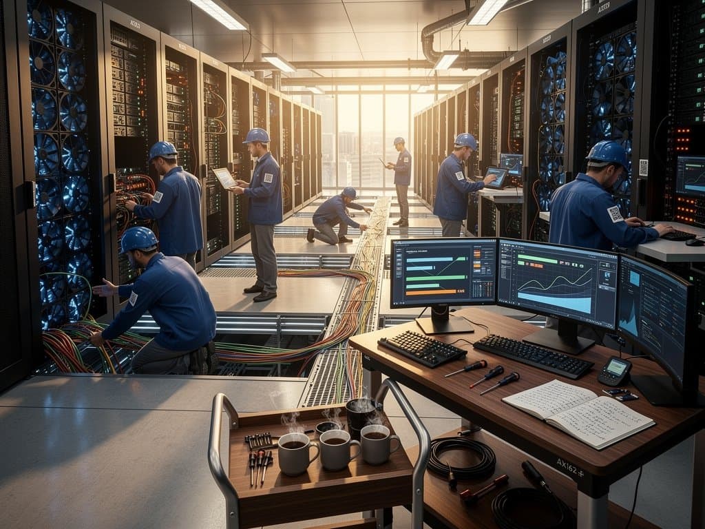 Engineers in data center migrate from DigitalOcean to Hetzner AX162-R servers amid glowing racks and monitoring dashboards