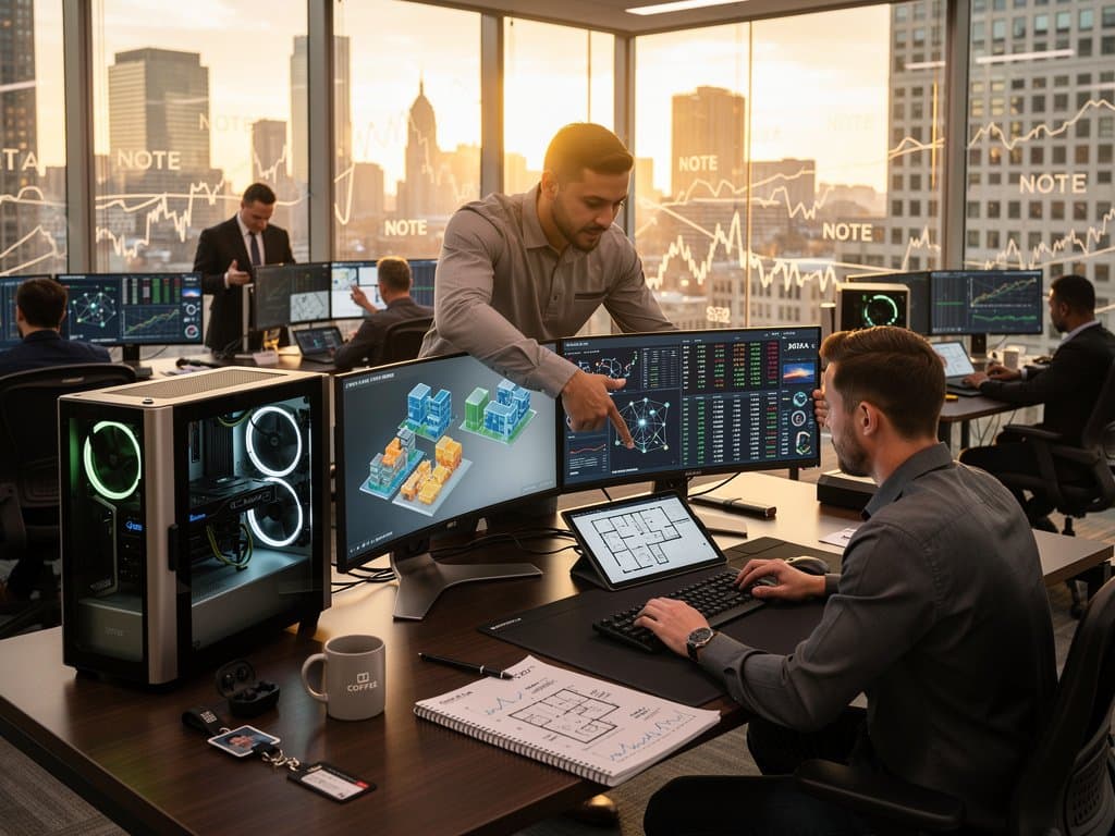 Data scientists at JLL desks with multi-monitor GPU workstations rendering AI real estate models amid team discussion