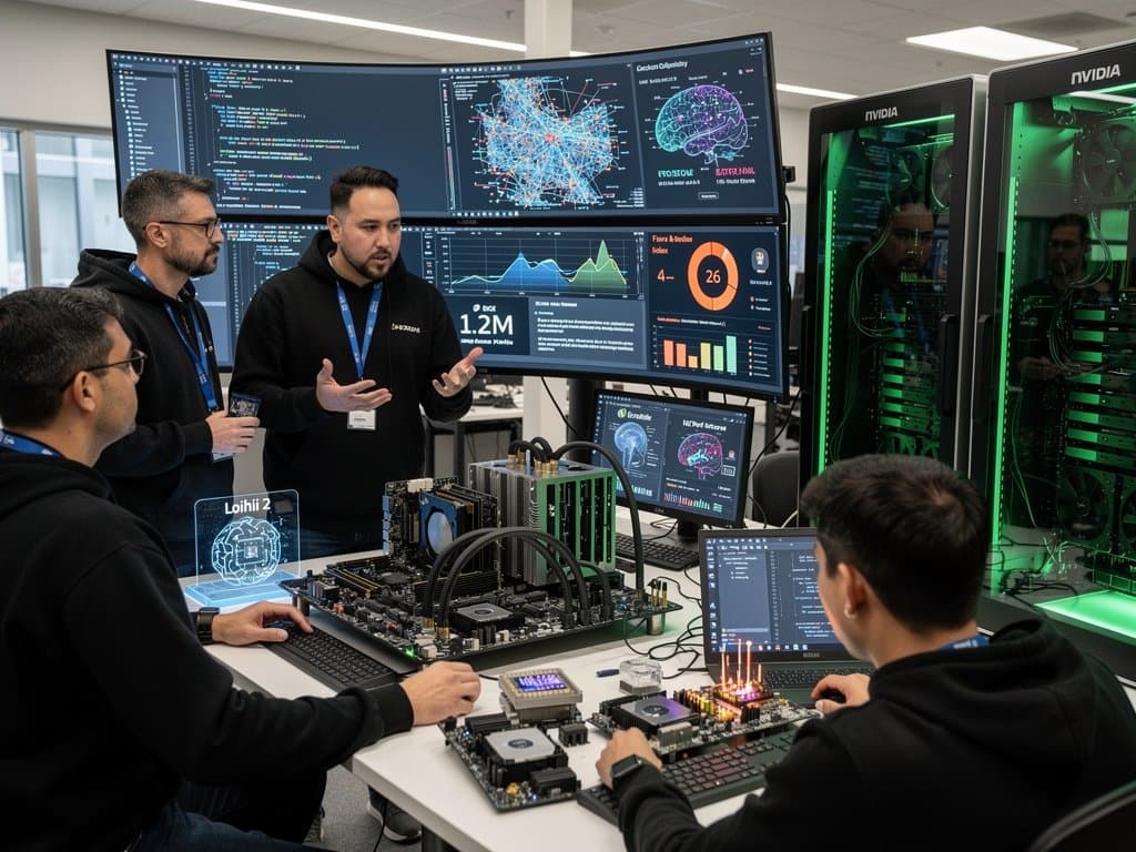 Tech lab with AI neural network displays, GPU server racks, and modern workstations