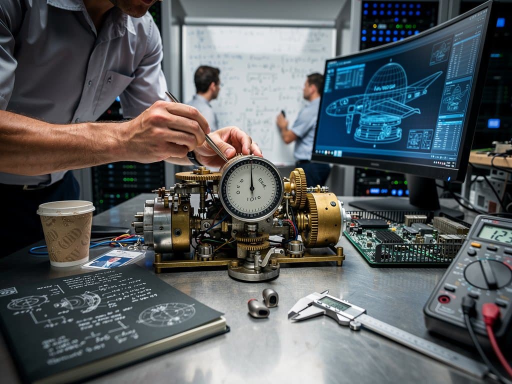 Disassembled B-52 star tracker angle computer gears and synchros on engineering workbench with monitors