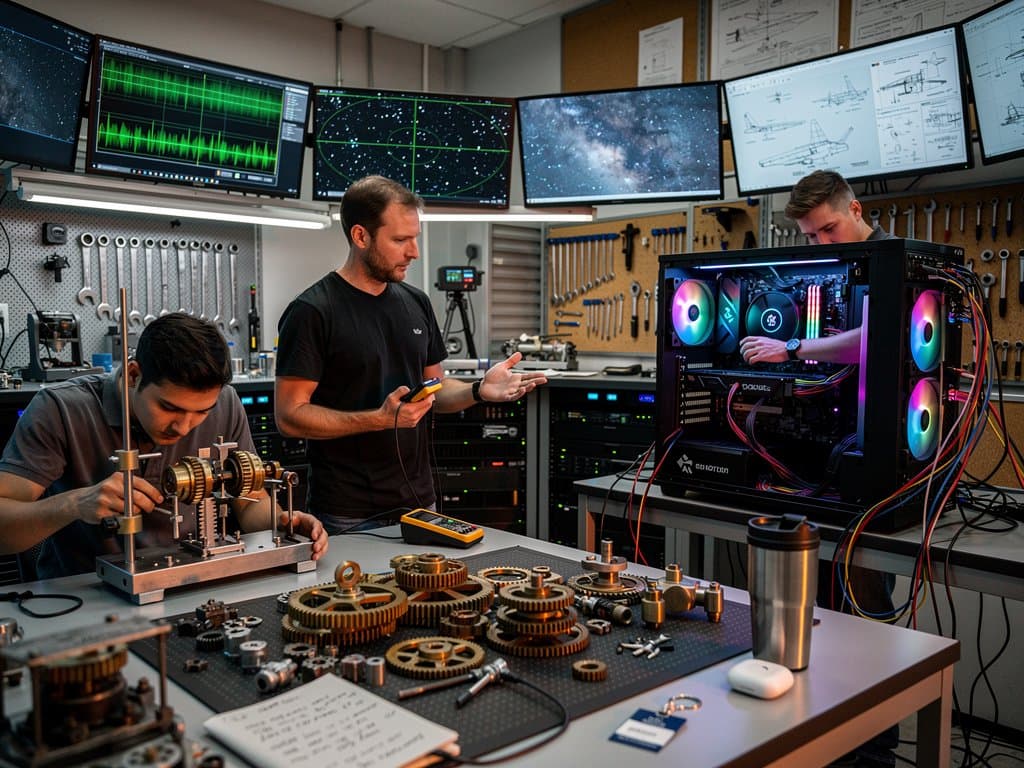 B-52 star tracker components beside PC hardware on lab workbench with simulation monitors