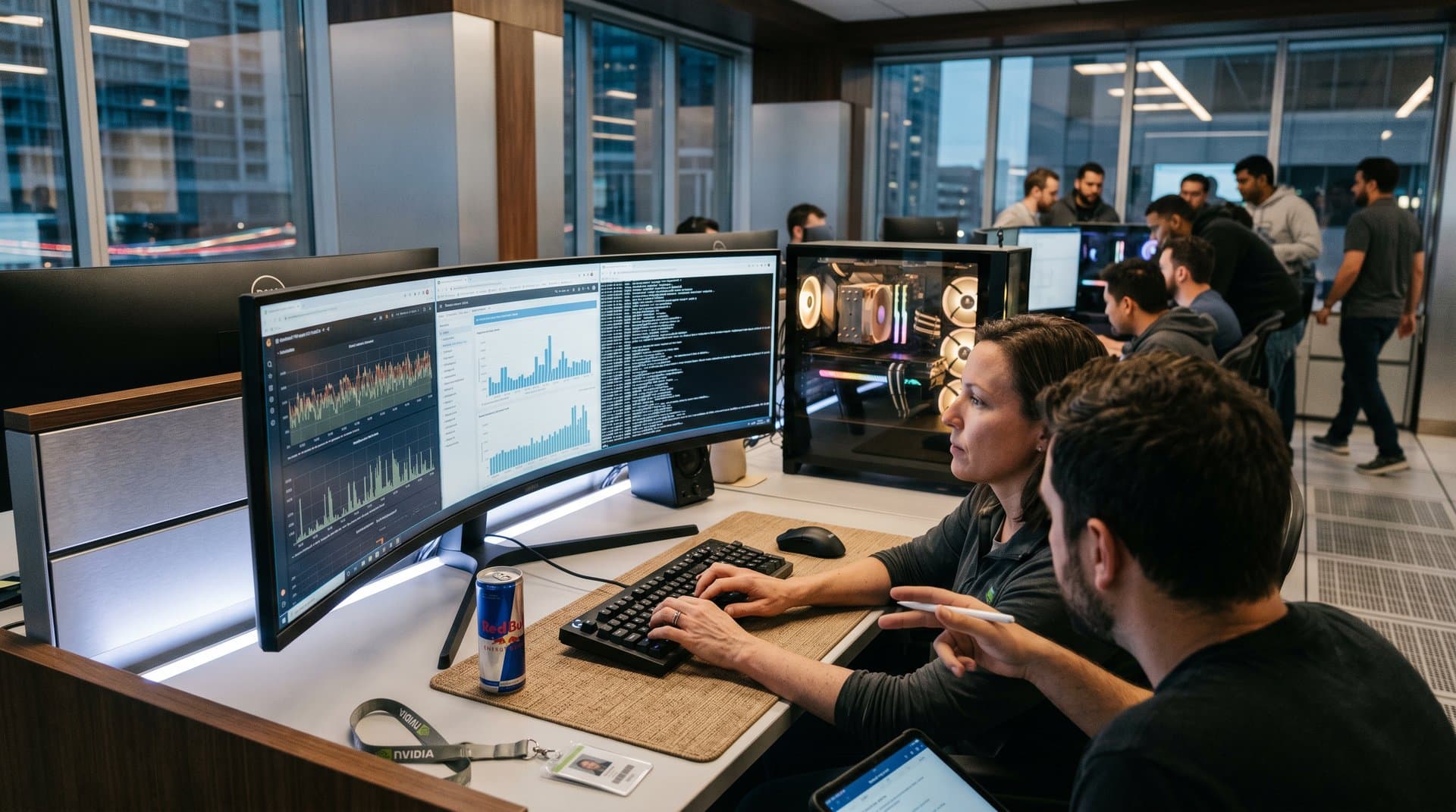 High-end gaming PC rig displaying PgQue Postgres queue metrics on multi-monitor setup amid RGB components