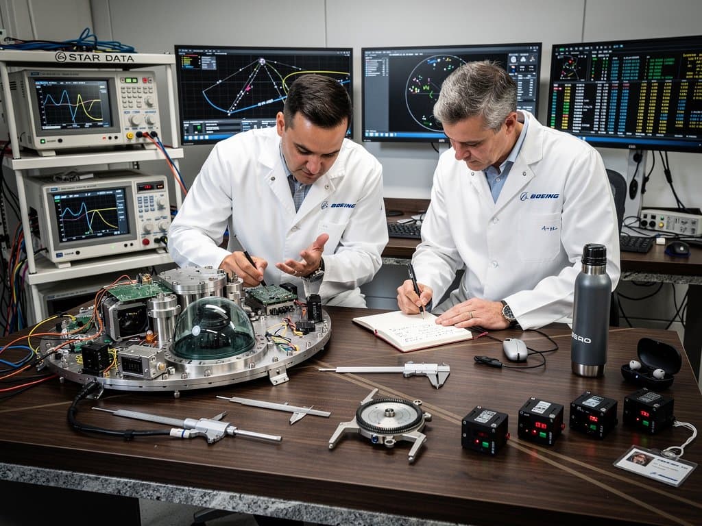 Dissected B-52 star tracker dome, panels, and gear mechanisms on lab workbench with monitors and test equipment