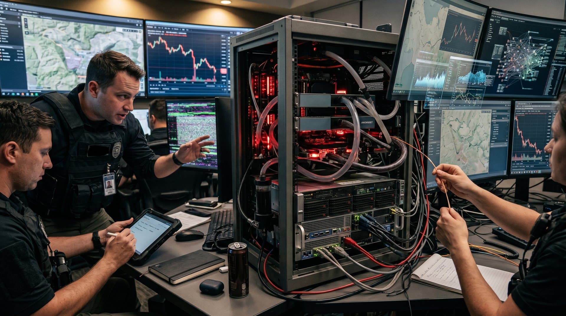 Rugged GPU server racks glow amid AI targeting maps and falling crypto charts in military edge computing setup