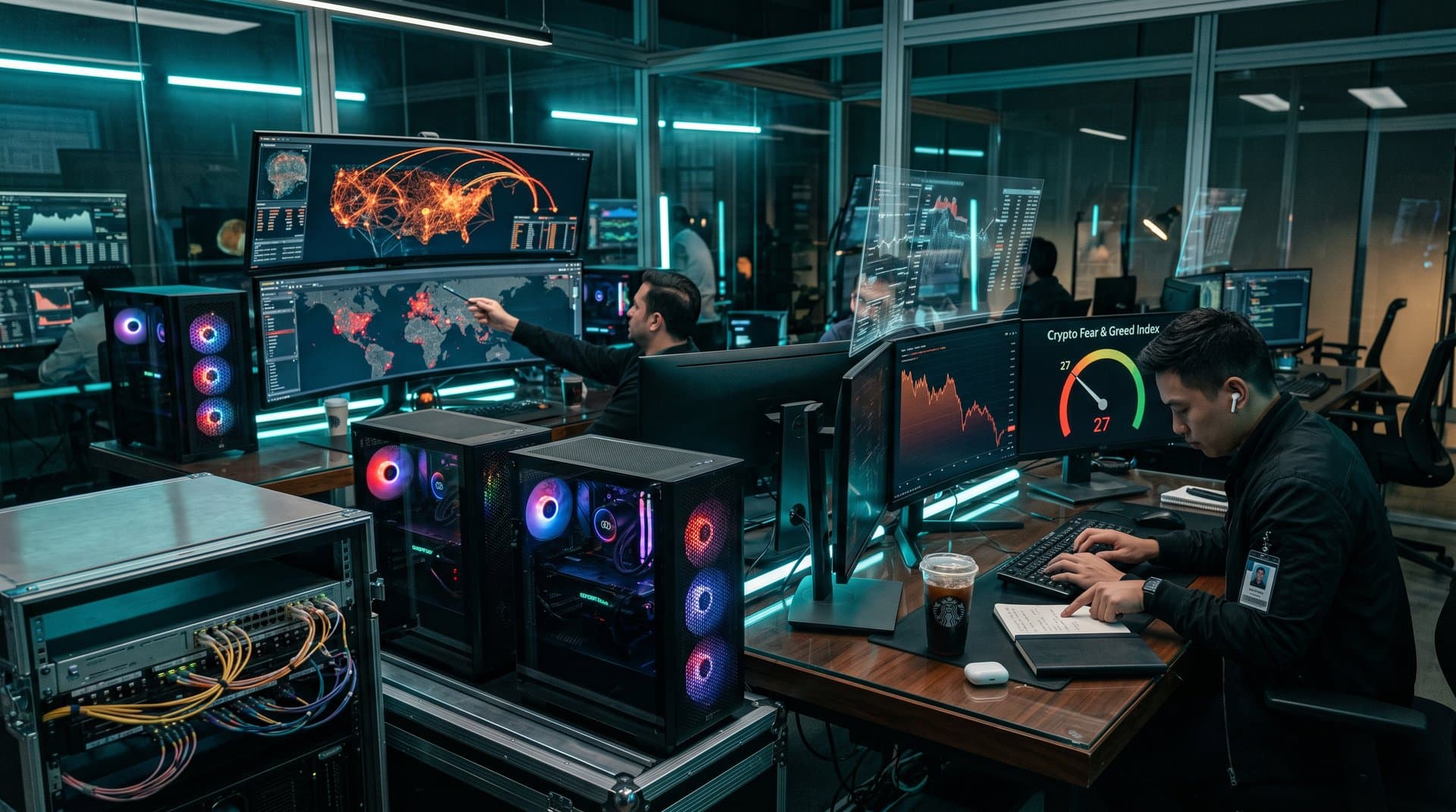 NVIDIA RTX GPUs power AI targeting displays and crypto charts in high-tech command center