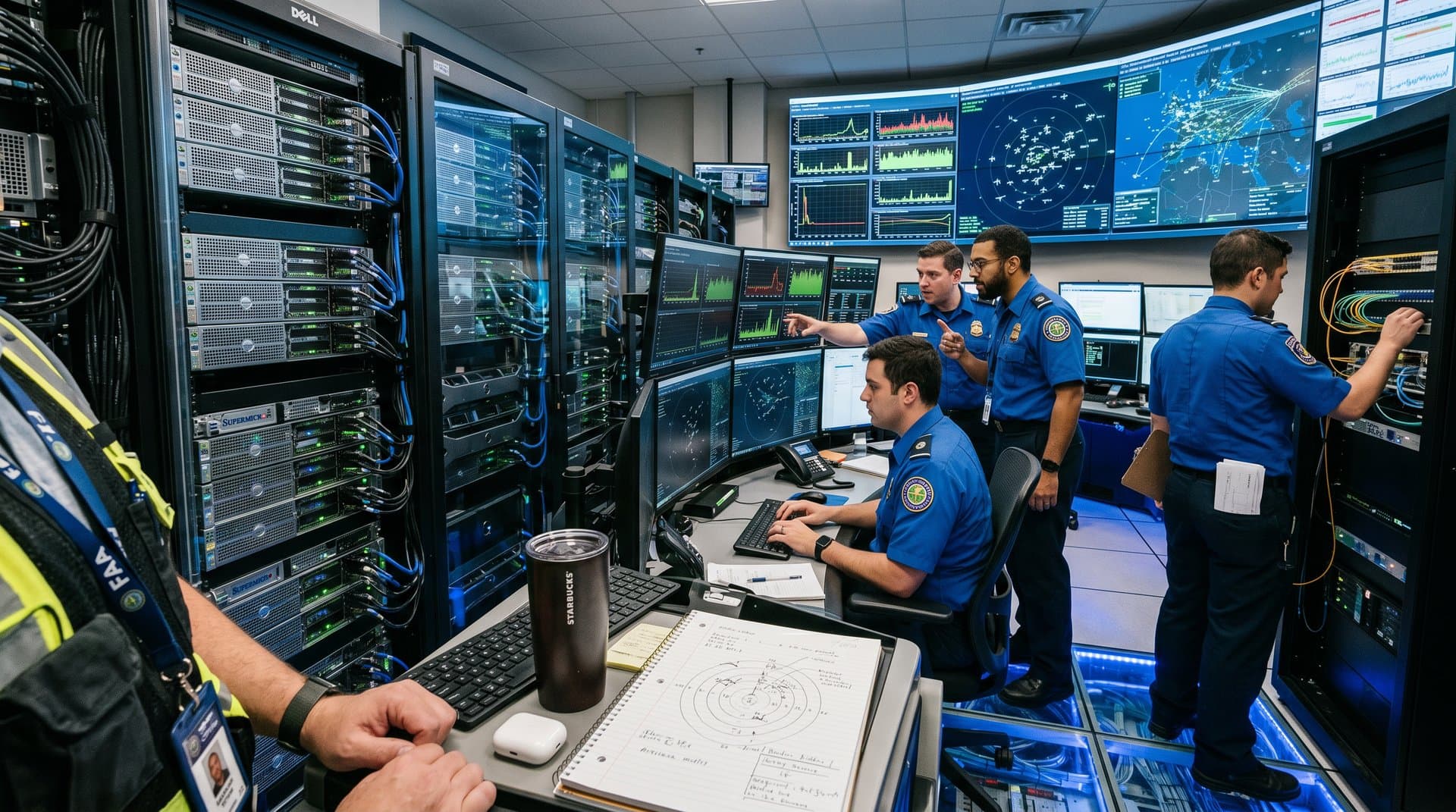 NVIDIA GPU servers in data center with air traffic AI simulation screens and advanced cooling