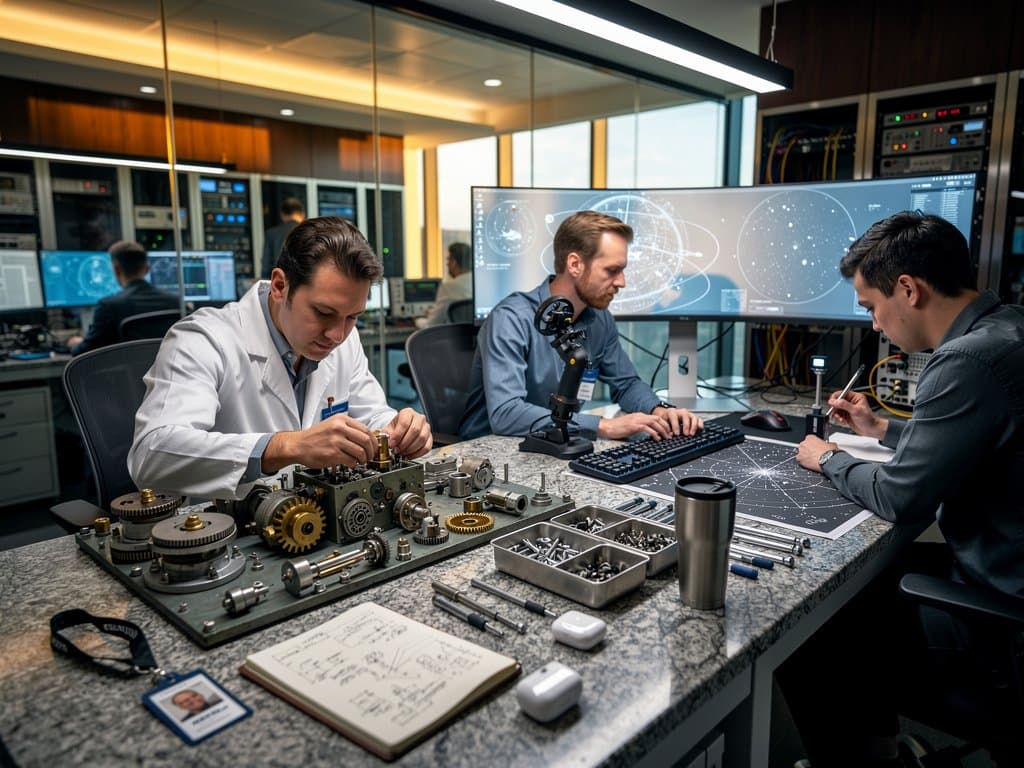 B-52 star tracker angle computer parts beside modern PC gaming mouse, keyboard, and flight stick on lab workbench