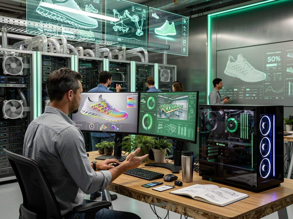 AI lab desk with PC rig showing 3D shoe designs and simulations for sustainable manufacturing