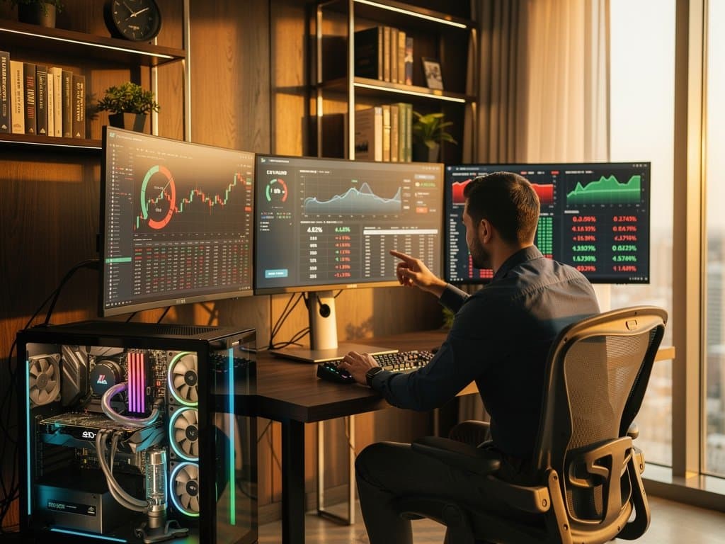 High-end PC rig with RTX 4090 GPU, triple ultrawides showing BTC $75K charts, Fear Index 27, and AI prompts for personal finance