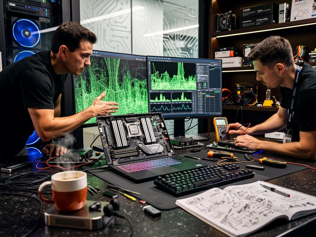 Workbench with Strix Halo dev kit, 128GB RAM, ROCm benchmarks on monitors amid lab equipment and server racks