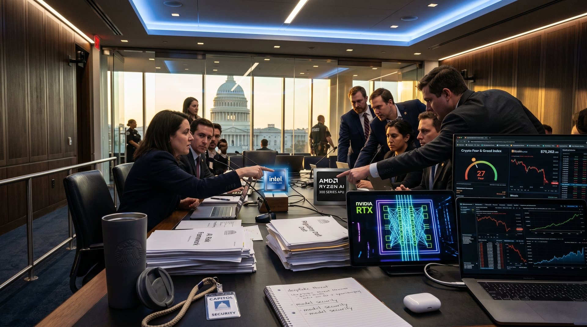 PC AI accelerators and crypto charts on congressional table amid regulation debate
