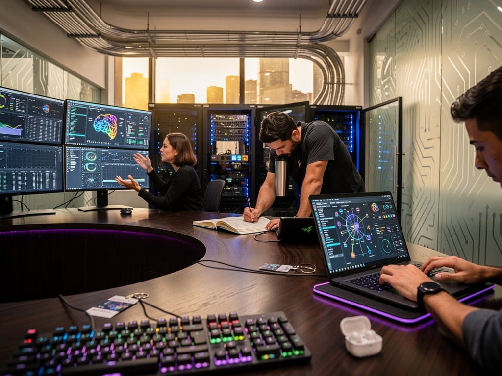 High-tech AI lab scene with Strix Halo laptops on desks amid multi-monitors, servers, and glowing benchmark displays