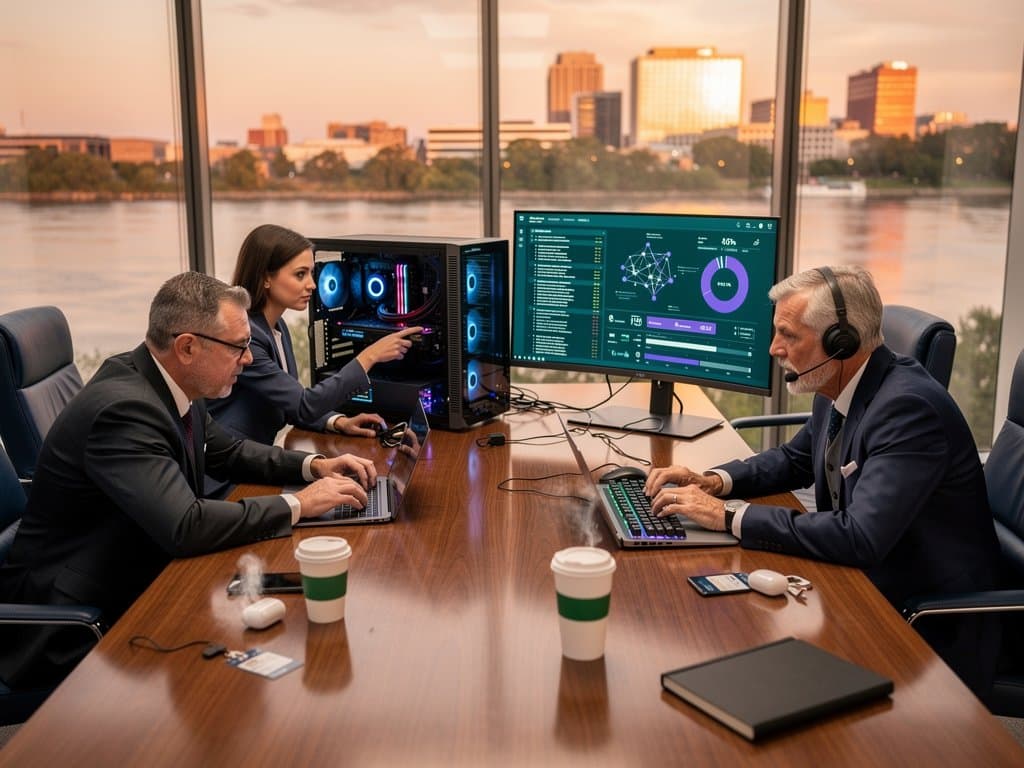 Lawyers review AI legal workflows on RTX-powered workstation in modern Arkansas law firm conference room