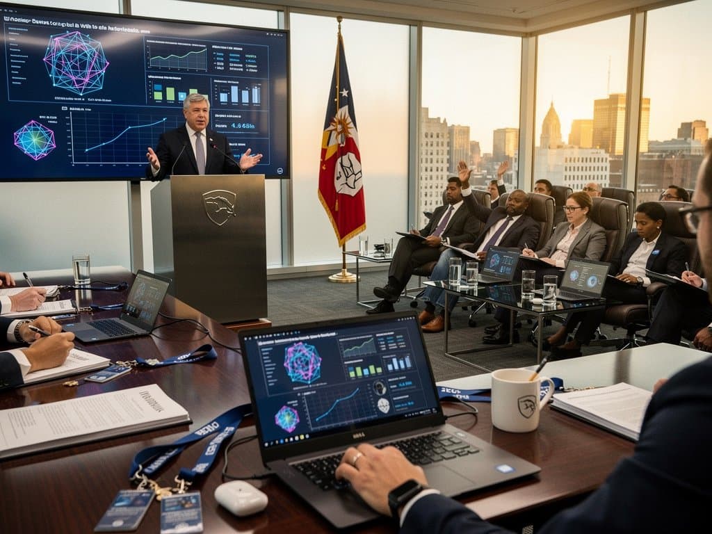 Conference room at National Press Club with podium, AI charts on screen, professionals seated with laptops and coffee