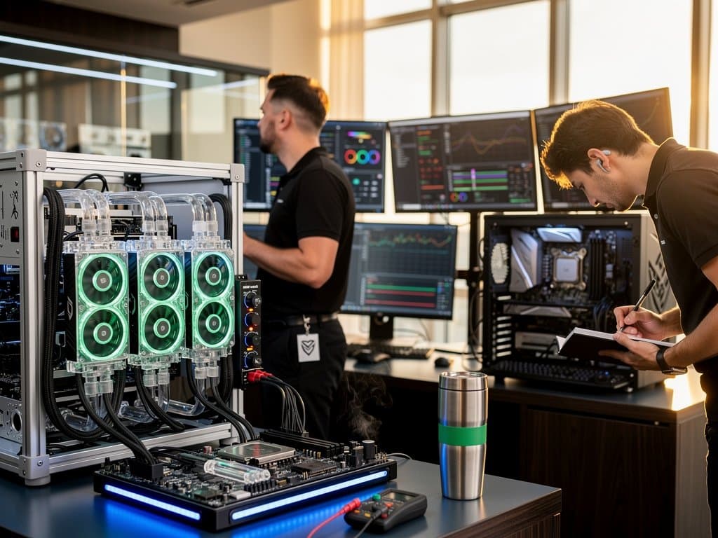 PC hardware lab with RTX GPUs, benchmarks on monitors, and cooling systems during AI testing