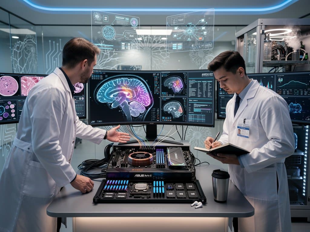 Secure PC workstation with NPU-accelerated monitors showing AI-processed medical scans in modern lab environment