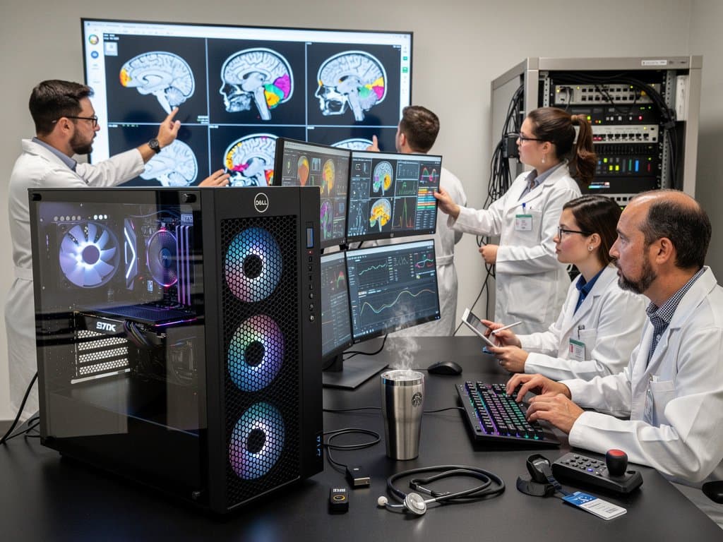 Hospital IT team analyzes AI diagnostics on Ryzen-powered PC workstations with RTX GPUs in secure radiology control room