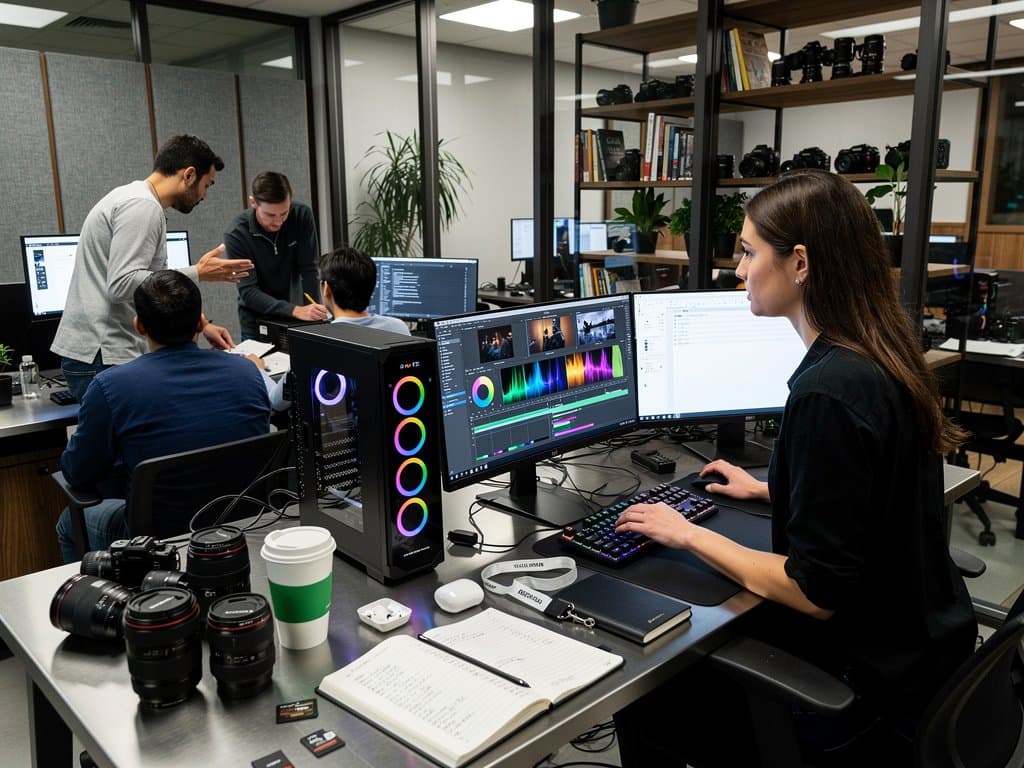 High-end PC workstation running DaVinci Resolve and Affinity Designer on dual 4K monitors in creative studio