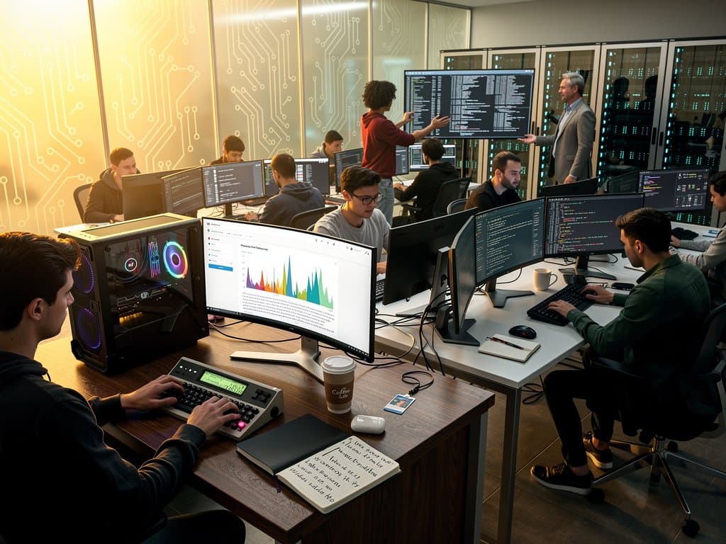 University IT lab with typewriters and PCs running AI detection software on multi-monitor setups