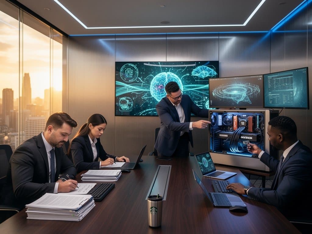 Law firm workstation with RTX 4090 GPUs and monitors showing AI legal analysis dashboards amid hardware components
