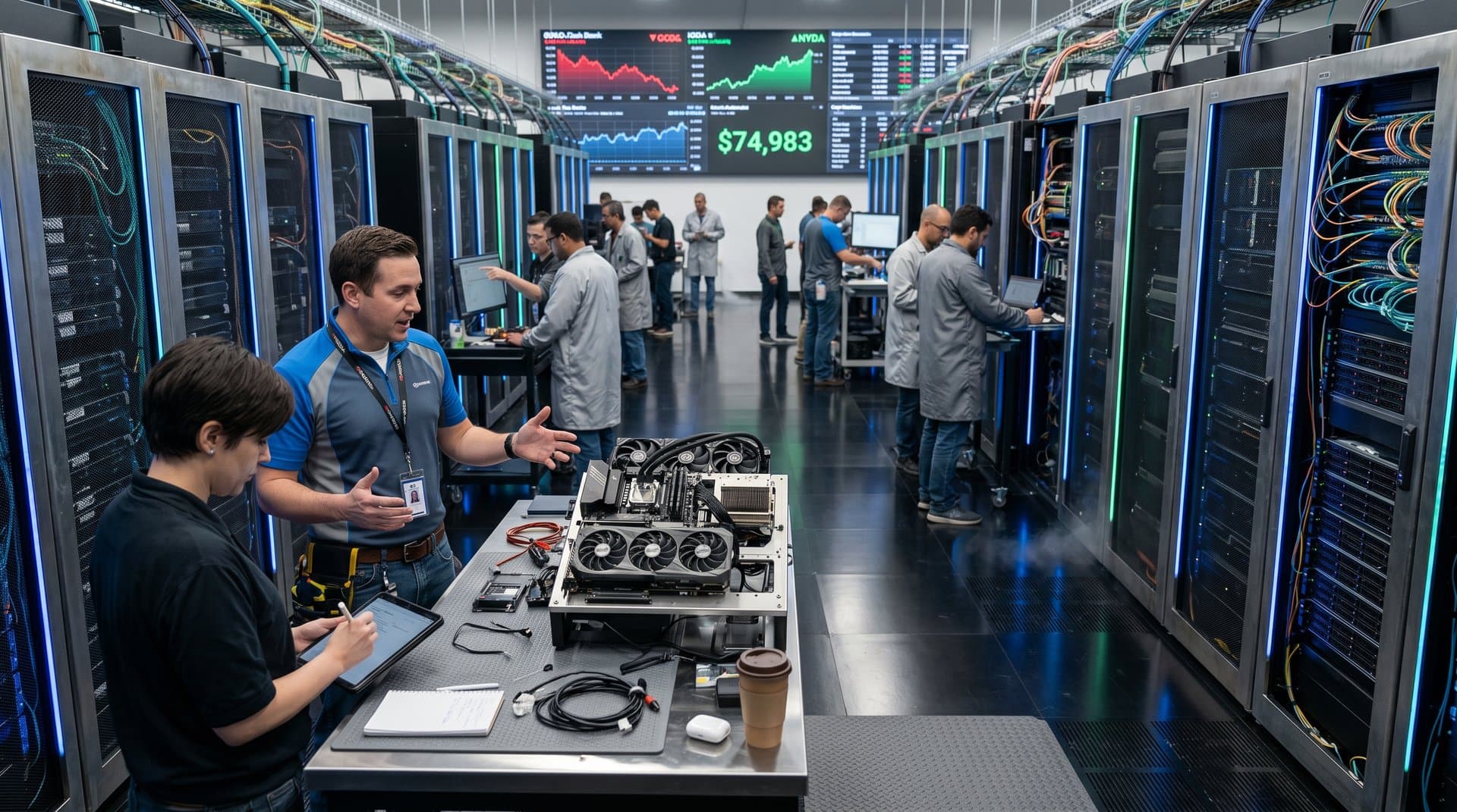 Data center with NVIDIA GPU racks, PC workstation components, and AI hardware displays