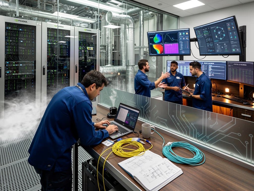 Engineer adjusts NVIDIA AI servers in Equinix Tier IV data center with glowing racks, monitoring stations, and cooling infrastructure