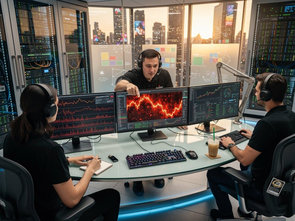 Cybersecurity center with monitors displaying No Fakes Act deepfake analysis, crypto charts, and server racks