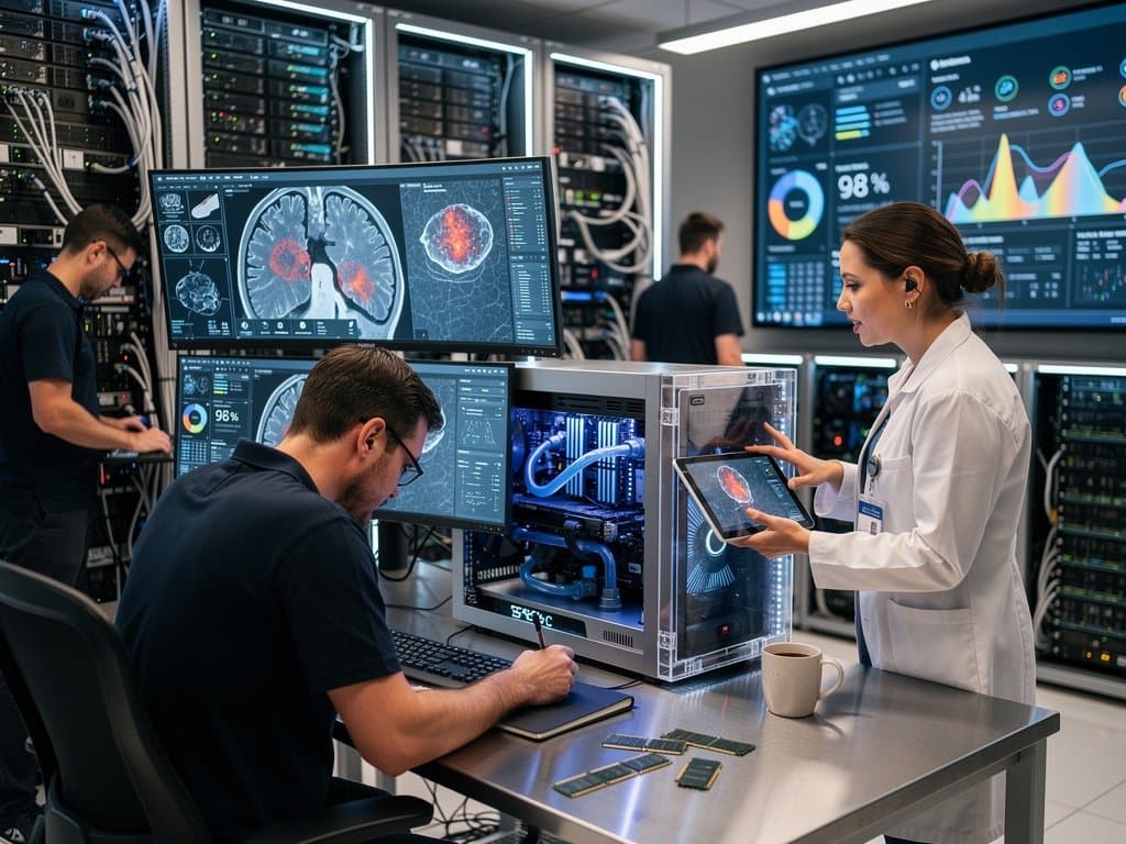 Multi-monitor setup displays AI-analyzed medical scans and GPU metrics in modern lab with server racks