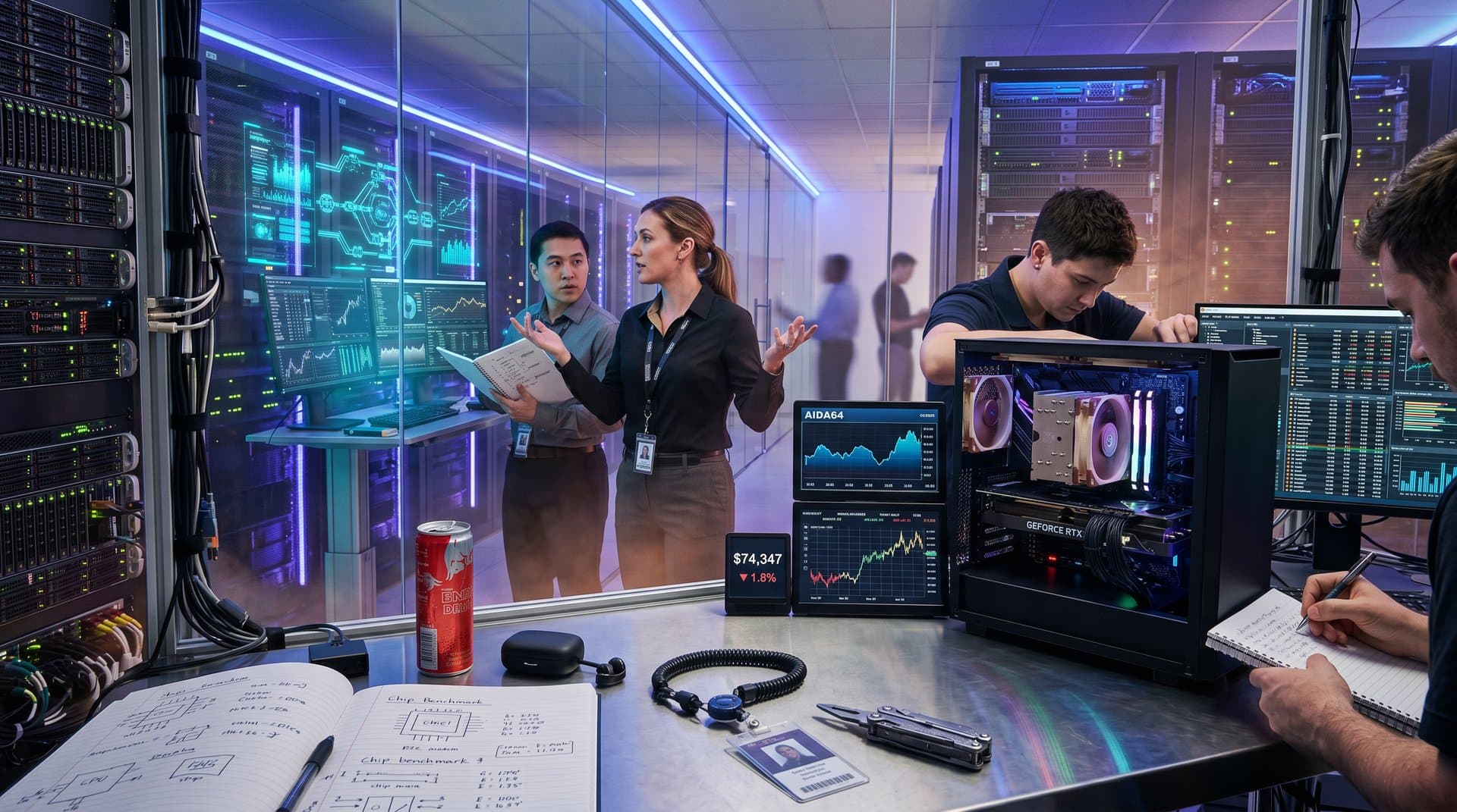 Data center server racks with HBM RAM modules and PC builds displaying memory graphs under blue LEDs.