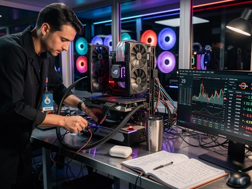 PC lab with RTX 5090 GPUs, Fear & Greed Index display, NVIDIA charts, and AI risk visuals