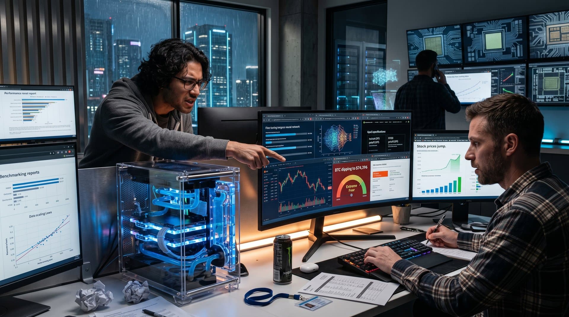 High-end PC rig with multiple RTX 4090 GPUs displaying AI training benchmarks, crypto Fear & Greed Index at 29, and NVIDIA specs