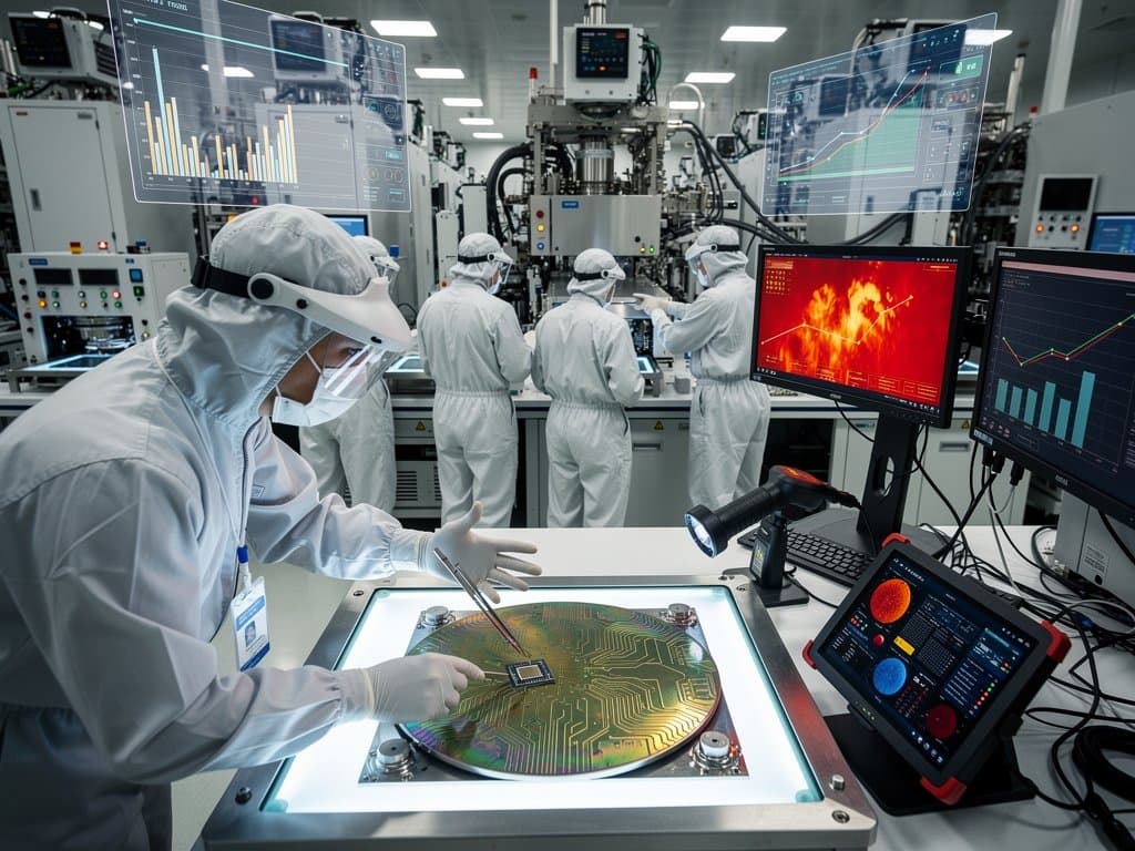 Engineers in cleanroom suits inspect DRAM wafers at Micron fab amid lithography machines and screens