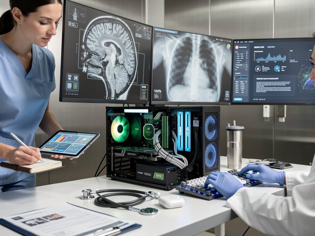 Clinic PC workstation with RTX 4090 GPU displays AI medical diagnostics on multi-monitors in secure environment