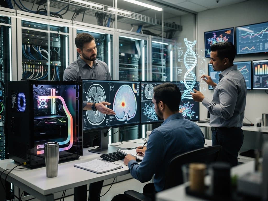 PC workstation with NVIDIA GPUs and multi-monitors displaying AI-processed medical scans in a modern healthcare lab amid server racks