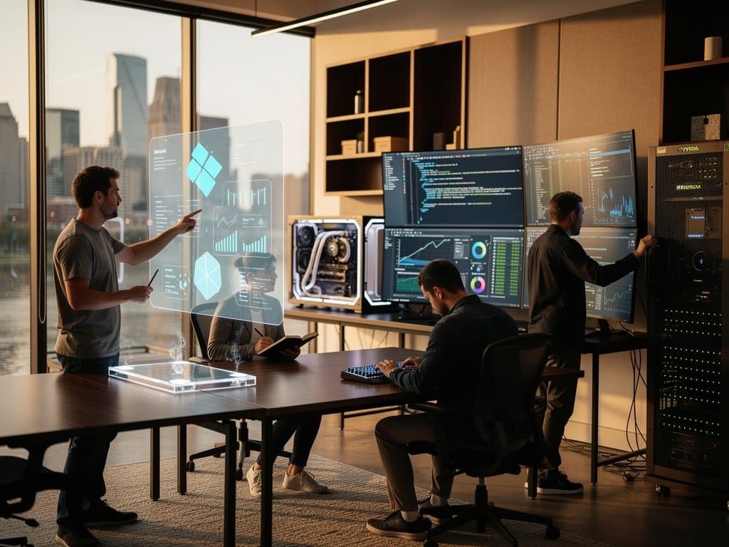Nashville tech lab with ultrawide monitors showing AI code, metrics on OLED display, GPU racks and city skyline view