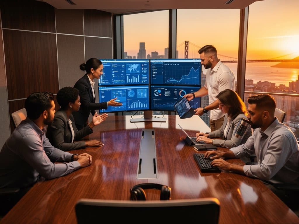 Salesforce boardroom with CRM dashboards on Dell monitors, Bay Bridge sunset view, IT pros reviewing Agentforce on tablet