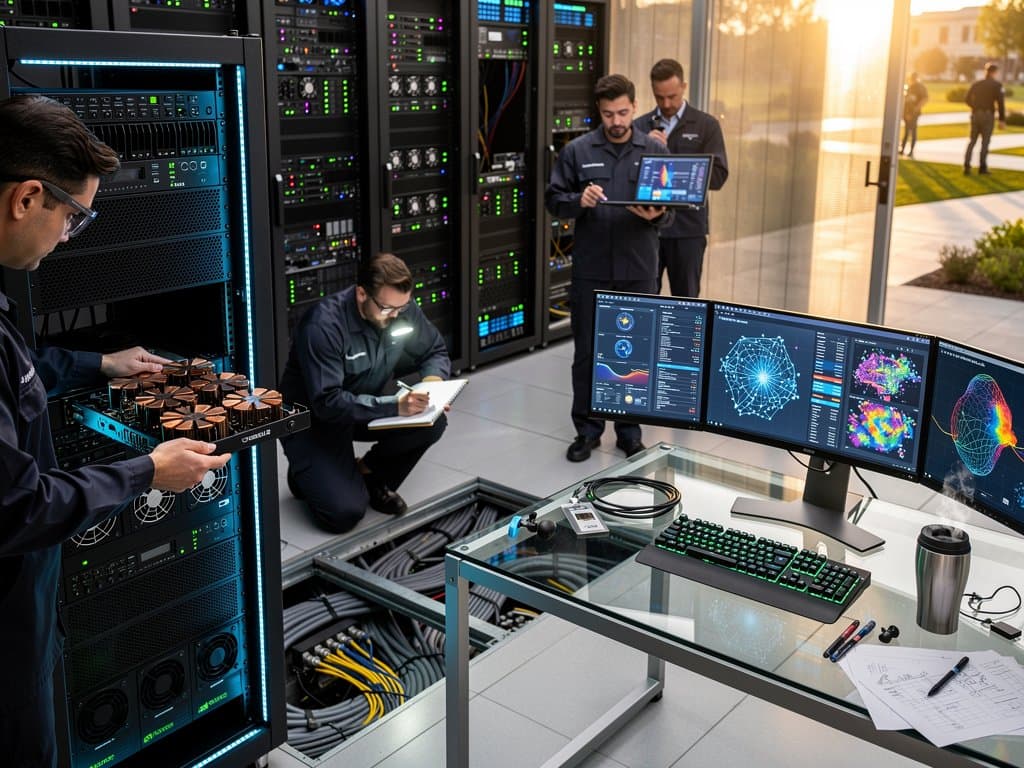 Server rack with NVIDIA H100 GPUs in Tier IV data center; monitors display AI metrics amid cables and racks