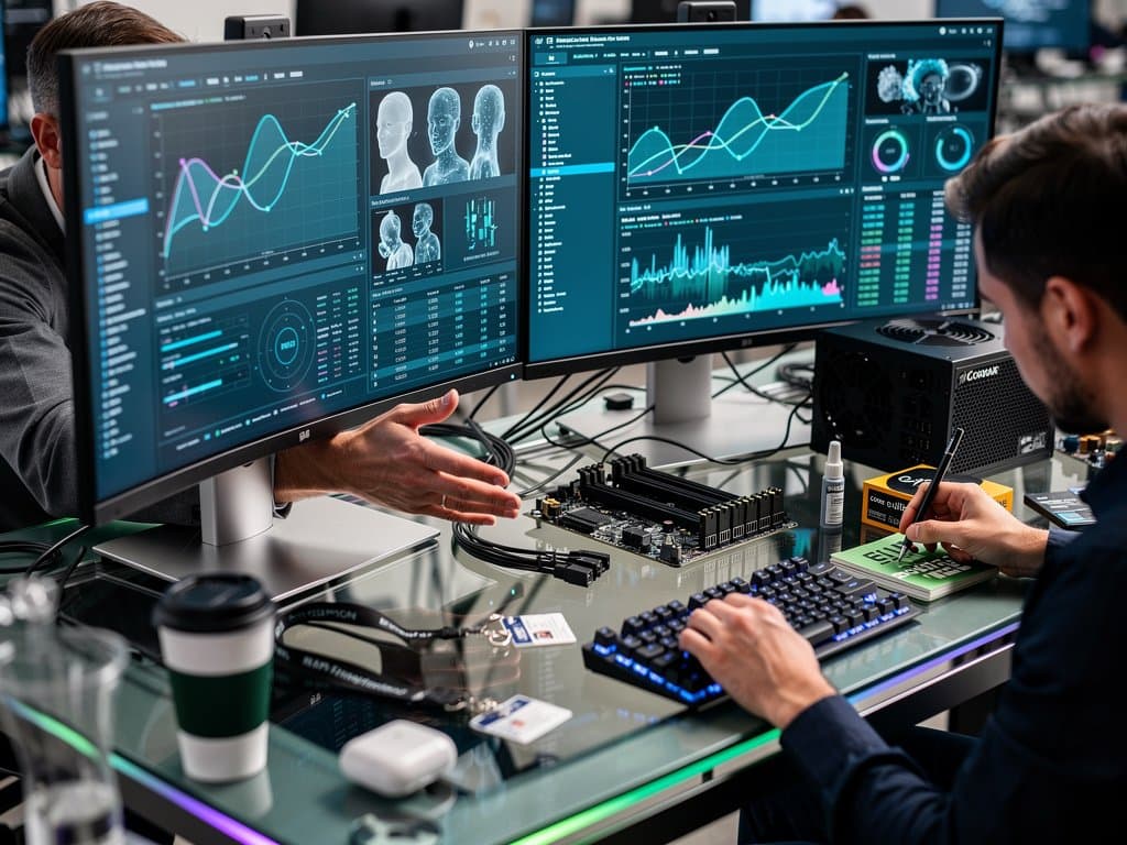 Nvidia RTX GPU in PC build with AI benchmarks on monitors amid high-tech desk setup