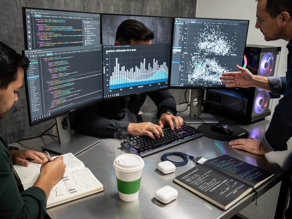 PC workstation with multi-monitors showing ggsql SQL data visualizations, histograms, and benchmark plots in modern tech setup