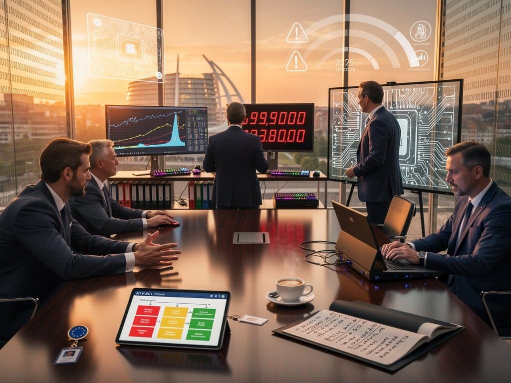 Holographic EU AI Act compliance charts and GPU fines on Brussels conference table with monitors and policy documents