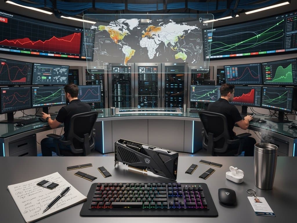 Futuristic command center screens show AI graphs of PC chip supply chains, GPU shortages, and stock tickers amid server racks