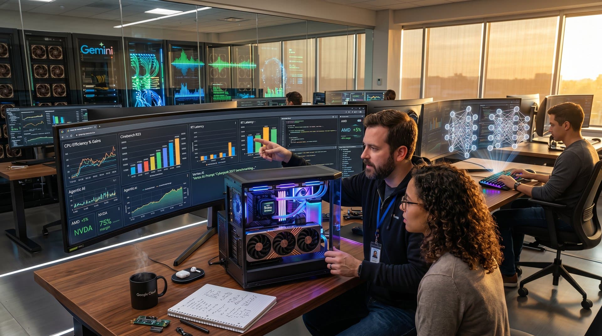 Google Cloud lab with ultrawide monitors showing AI agent code, GPU graphs, and server racks
