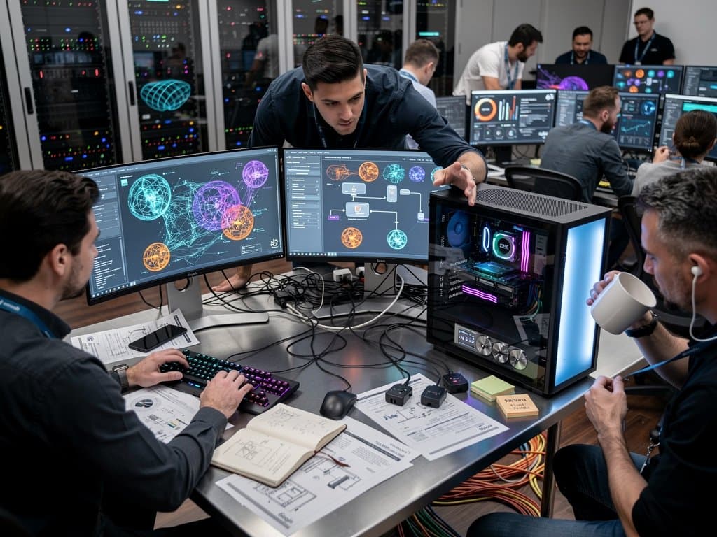 PC workstation setup displaying agentic AI workflows on multiple monitors in modern lab with server racks