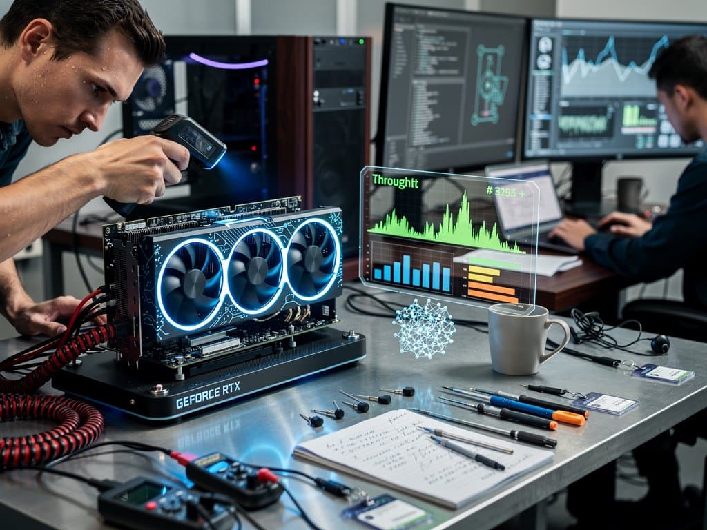 RTX 3090 GPU test rig with 207 tok/s benchmark graphs, RGB cooling, neural network overlays in high-tech lab setup