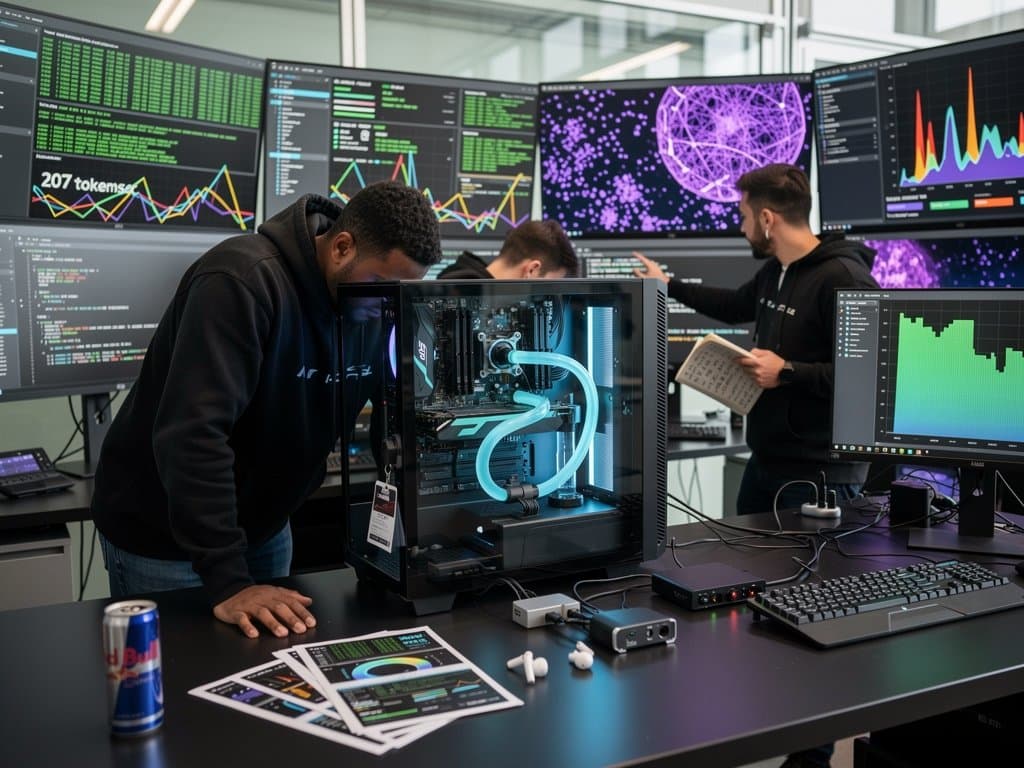 RTX 3090 GPU in gaming PC rig with AI benchmark screens showing 207 tokens/s graphs and Qwen3.5 outputs